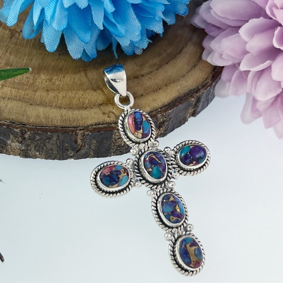 925 Sterling Silver Dahlia Turquoise Cross Pendant Blue Purple Southwest New - Picture 3 of 5